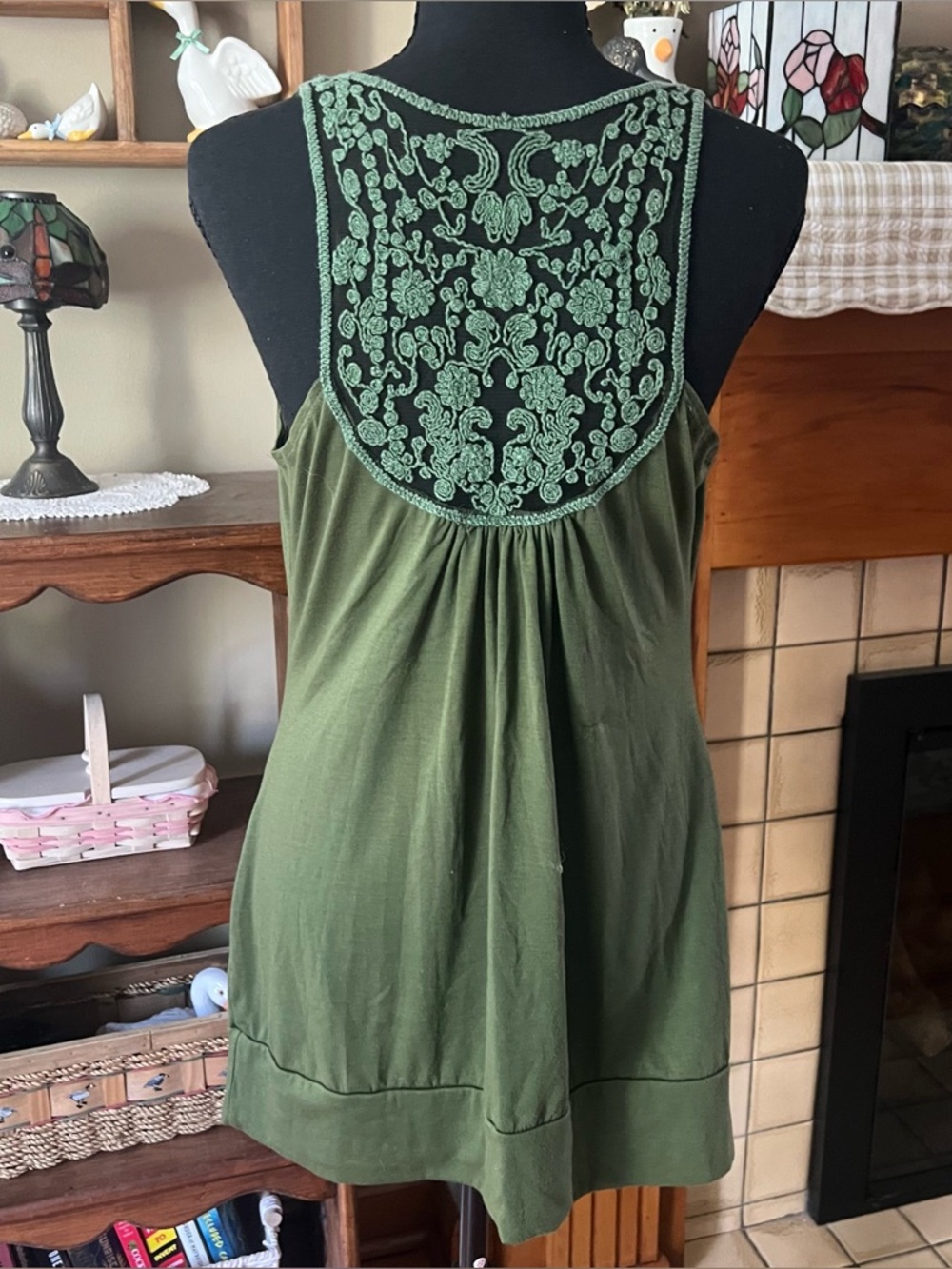 Studio Y y2k Olive Green Cowl Neck Tank with Lace panel